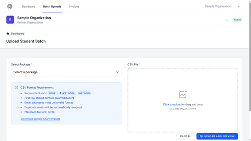 Uploading a student batch in the partner portal